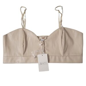 Quii Beige Faux Leather Button Up Crop Top NWT